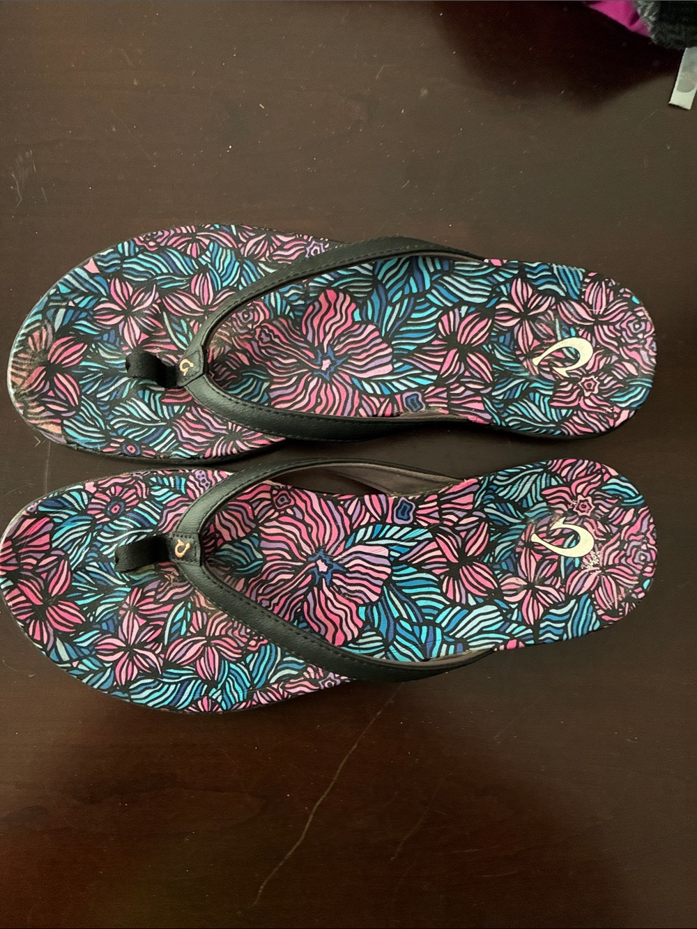 OluKai Women's Floral Flip Flops in Pink, Blue & Black